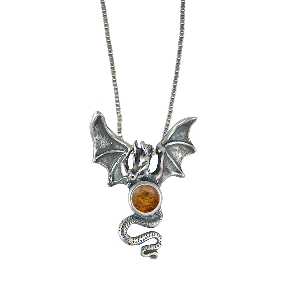 Sterling Silver Dragon of Protection Pendant With Amber